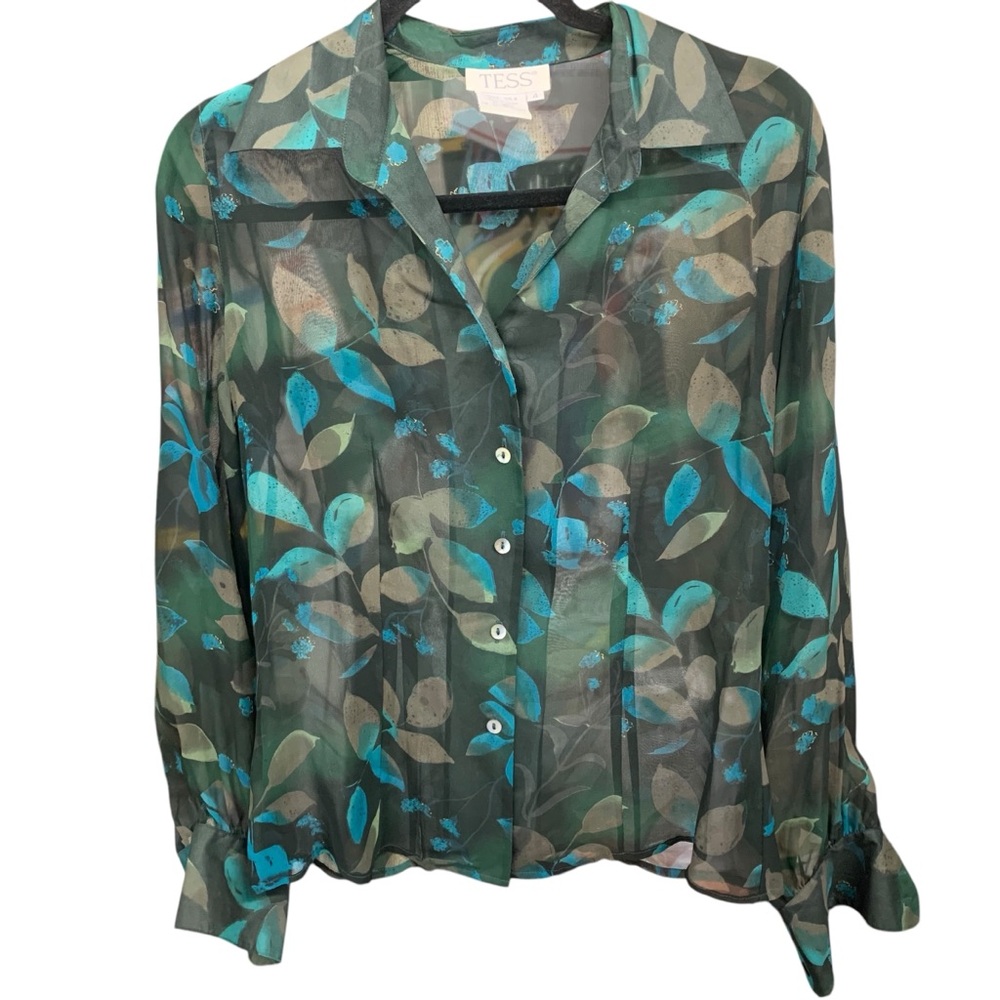 TESS 100% Silk Long Sleeve Blue Black Leaves Women's Button‎ Up Shirt Size 4